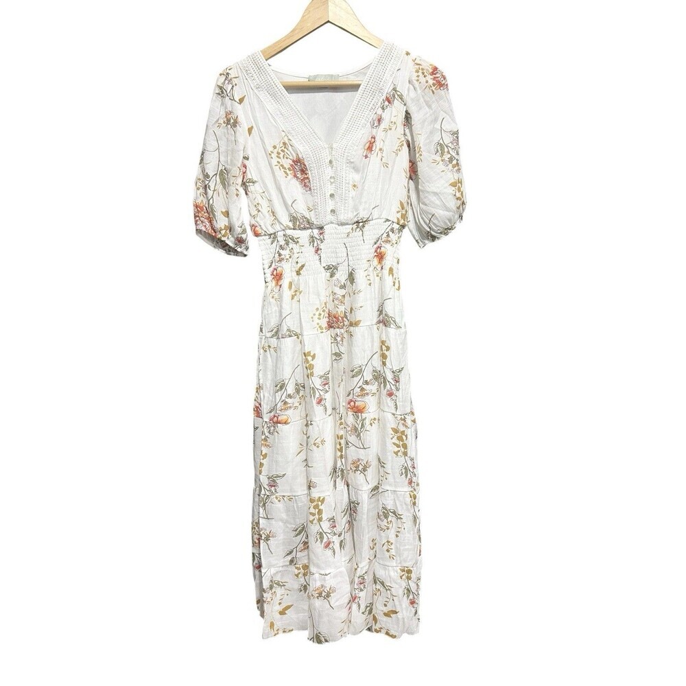J Gee Poof Sleeve Maxi Midi Dress White Floral Button Up Boho Size Small